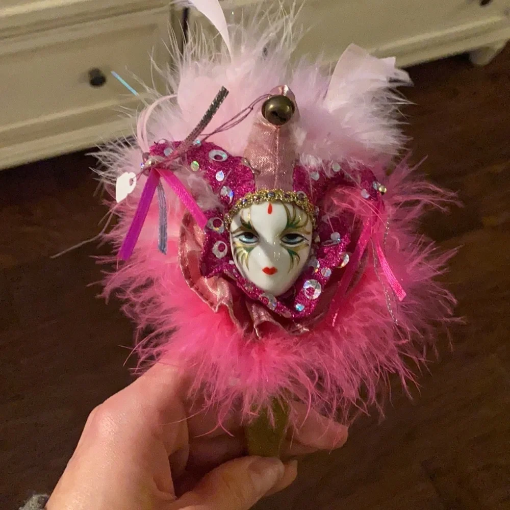 Mardi Gras mask pink feather headband with gold glitter think band headpiece​